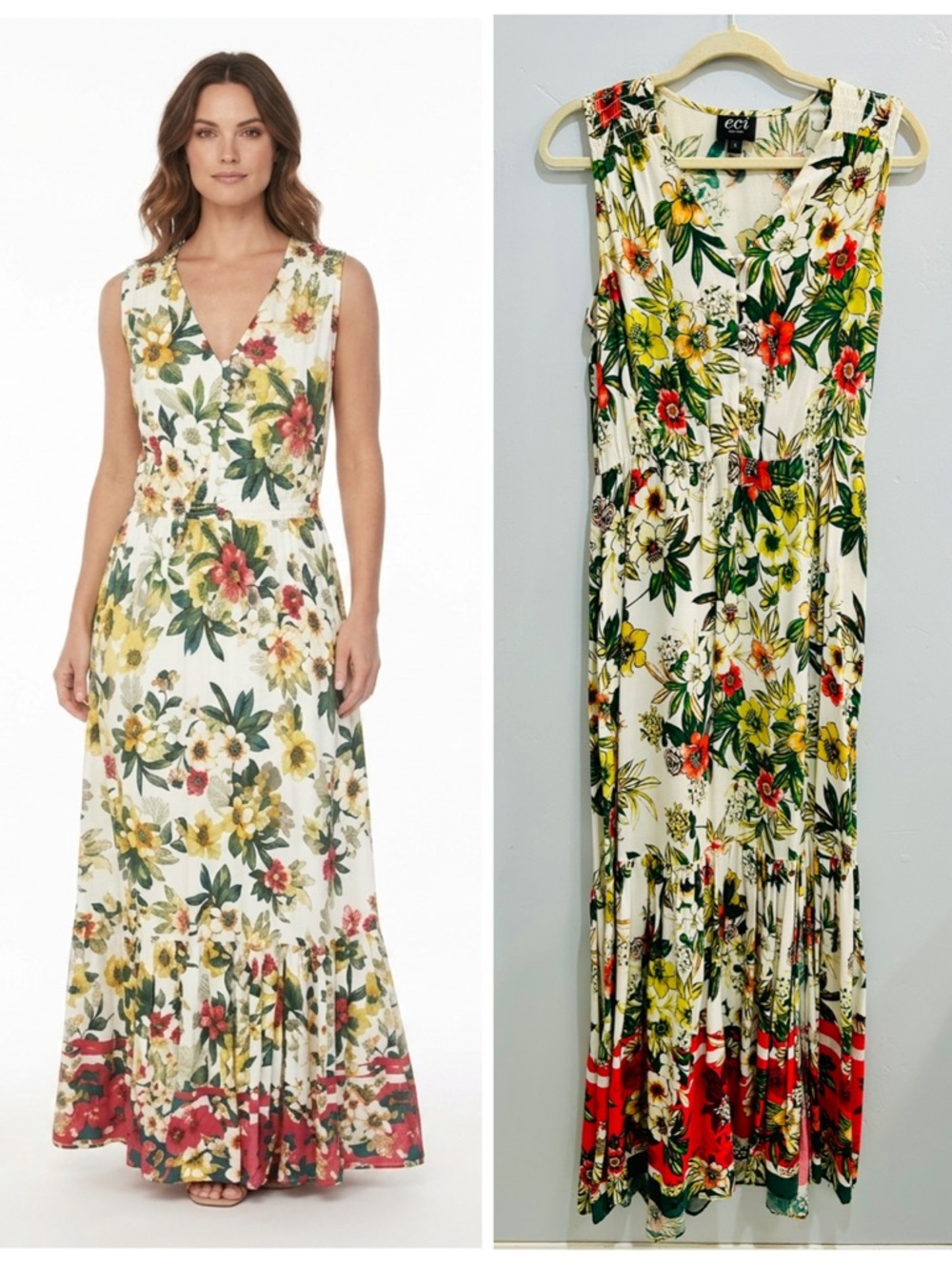 ECI New York Tropical Island Floral Sleeveless Maxi Dress Boho Ruffle Hem Size S